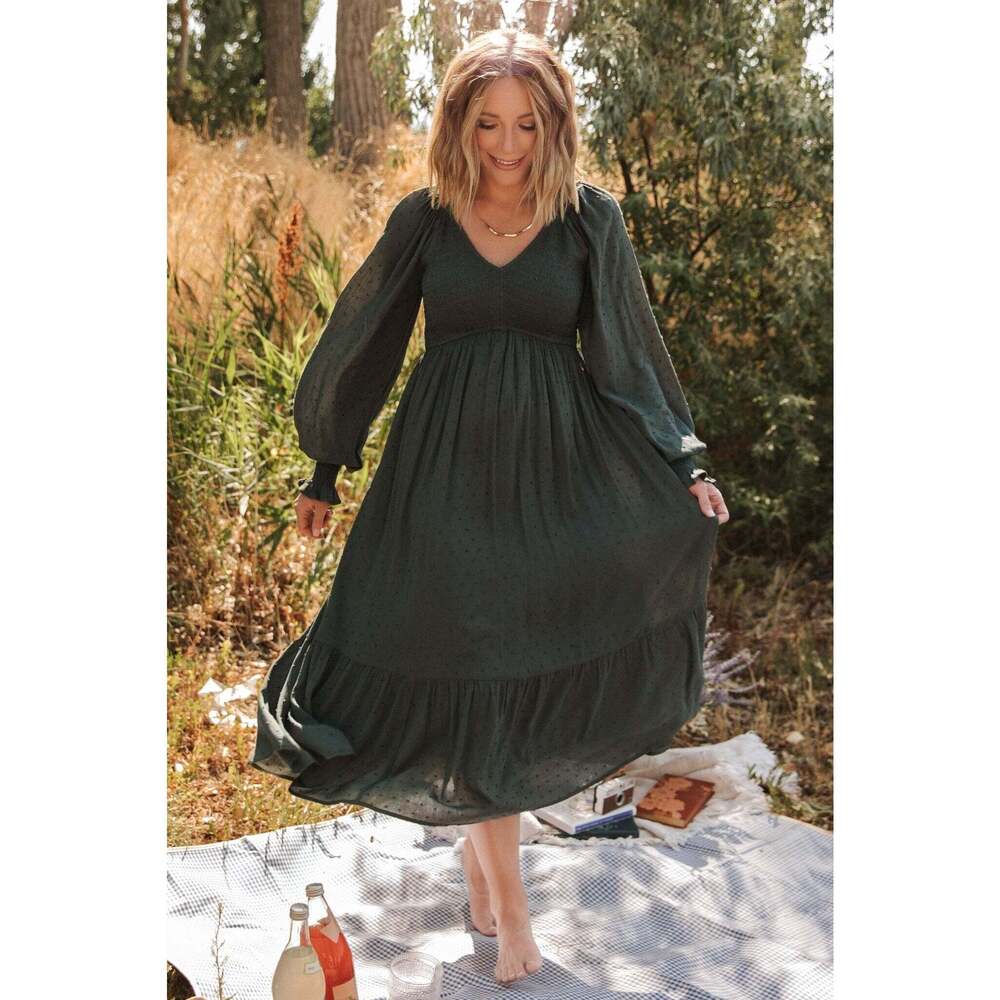 Baltic Born Lainey Smocked Dotted Midi Dress | Deep Olive Size SS